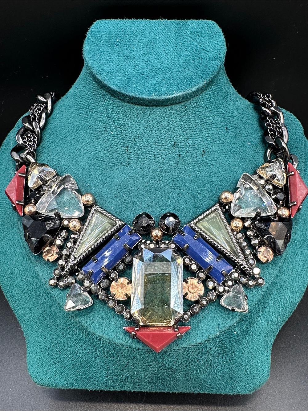 BCBG Max Azria Gunmetal Art Deco Crystal Statement Bib Necklace Blue Coral